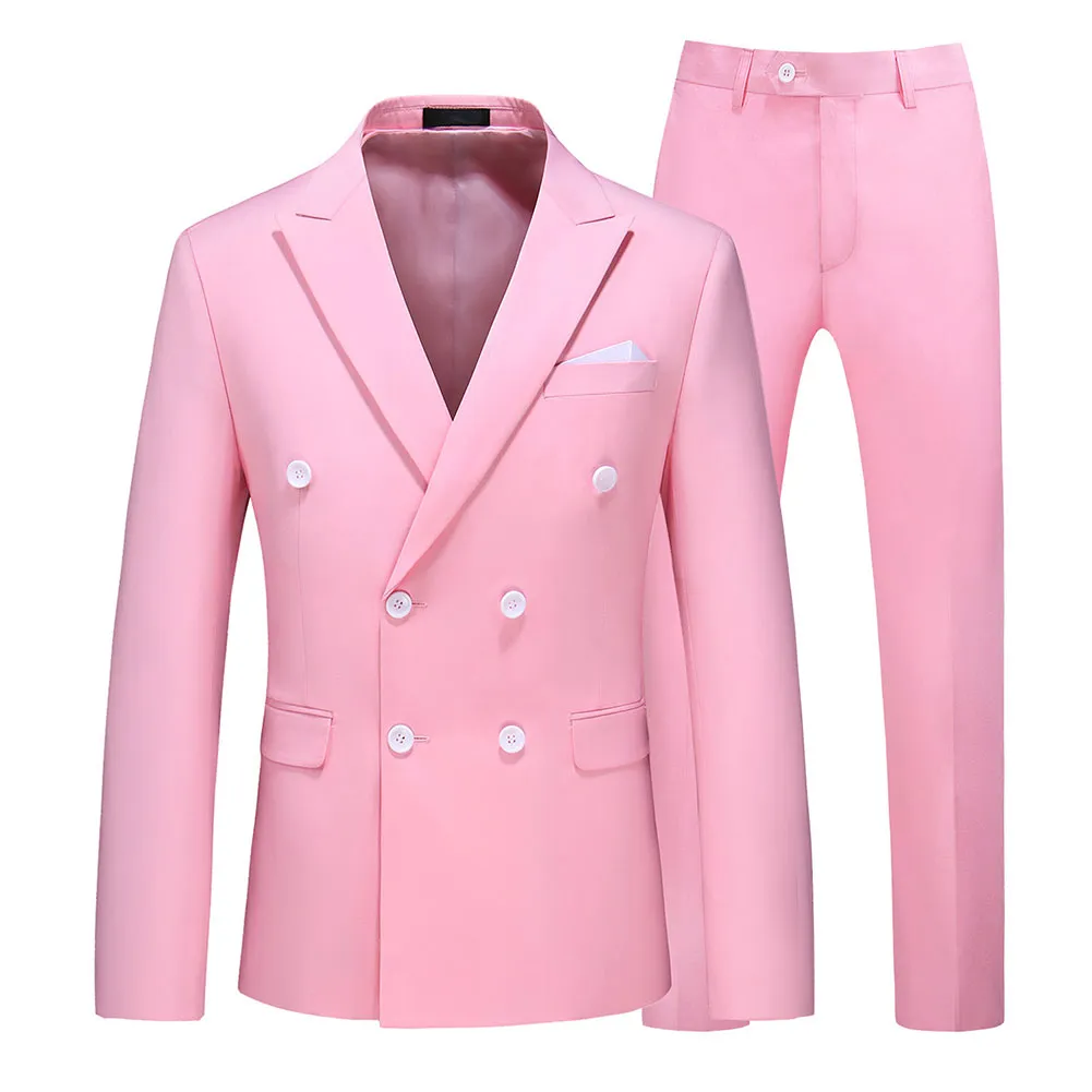 2-Piece Double Breasted Solid Color Pink Suit