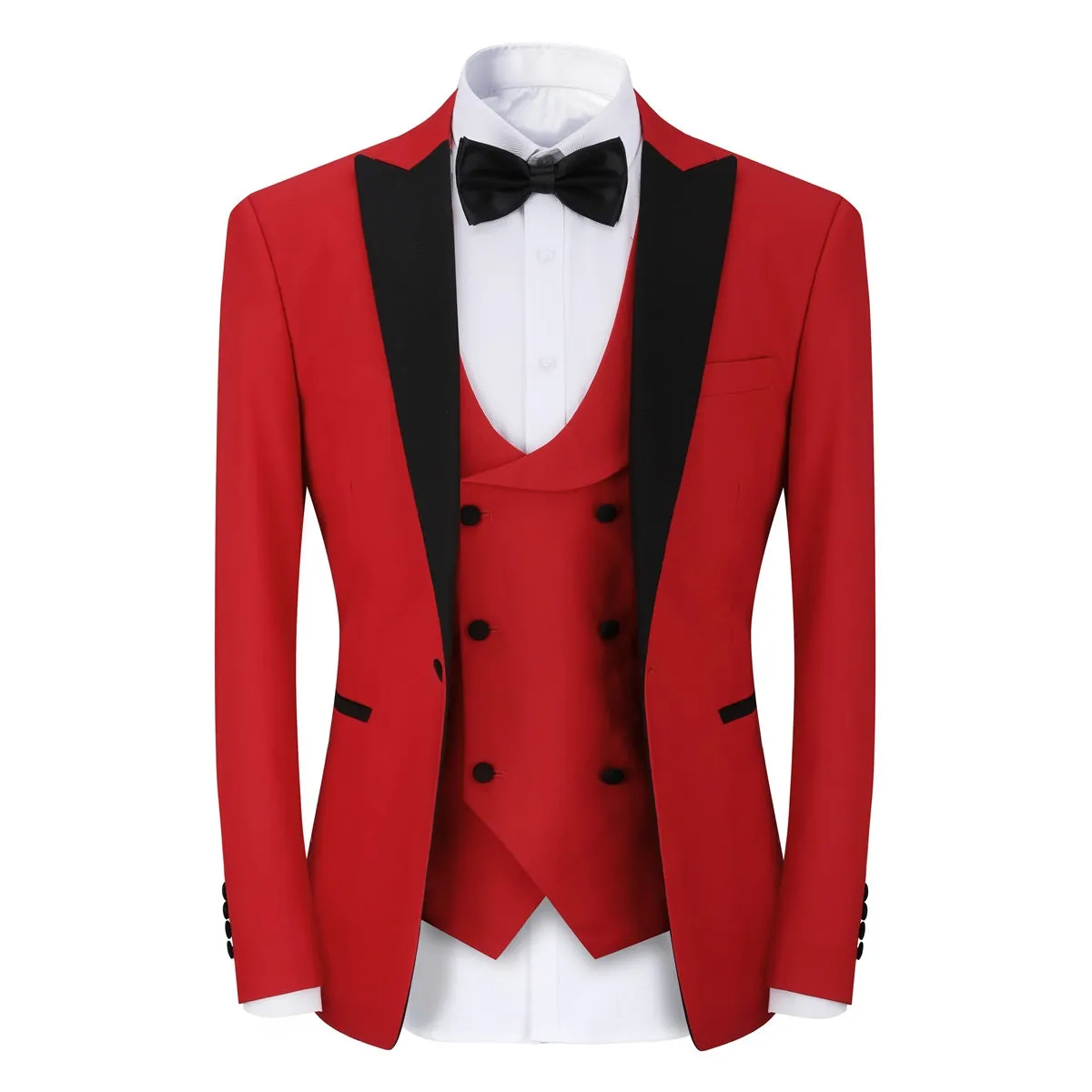 3 Piece Men's Suits One Button Slim Fit Peaked Lapel Tuxedo Red