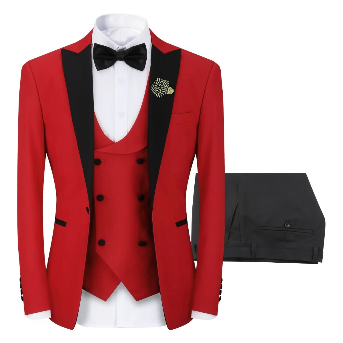 3 Piece Men's Suits One Button Slim Fit Peaked Lapel Tuxedo Red