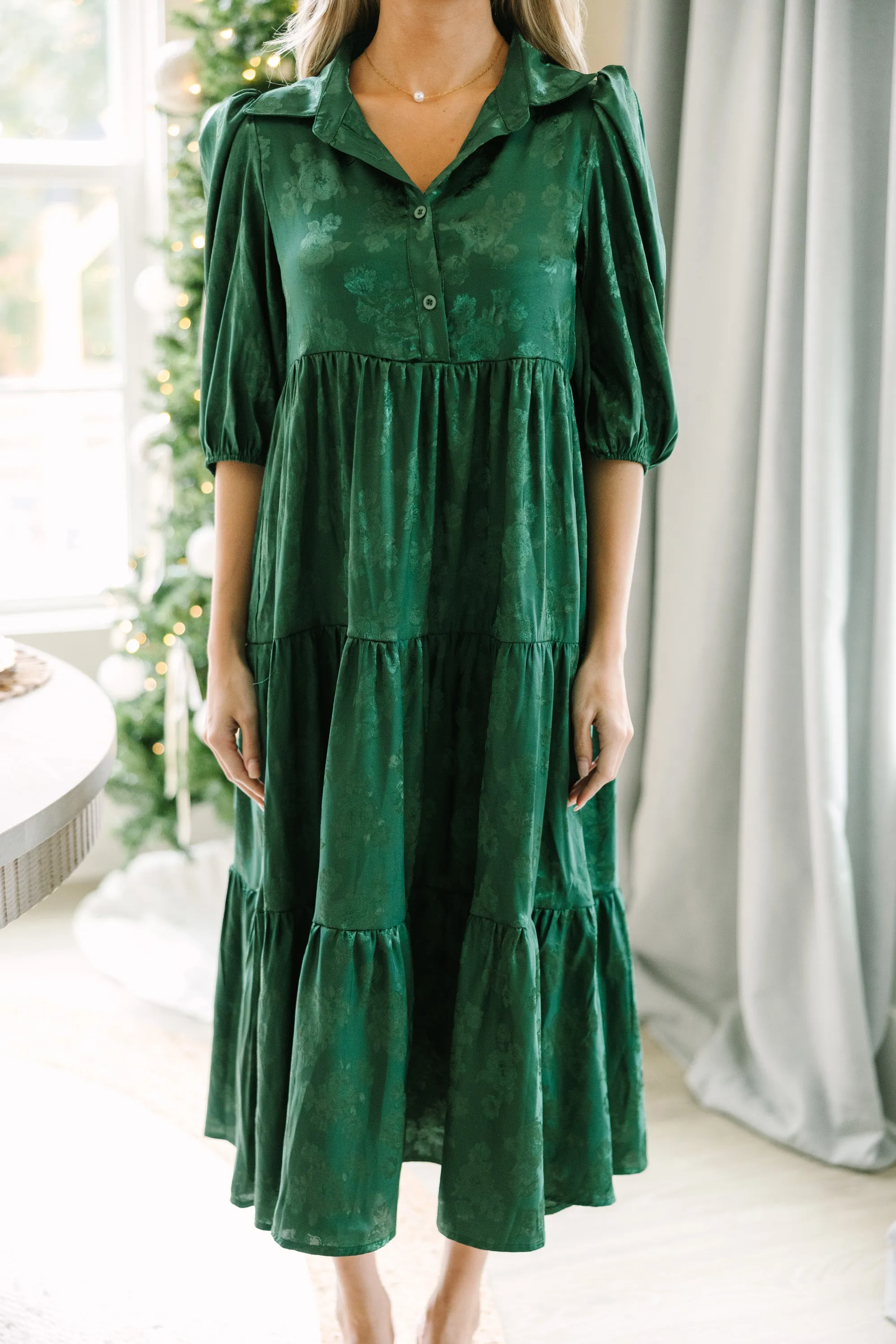 All The Love Emerald Green Floral Satin Midi Dress