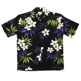 Black Plumeria Print Rayon Aloha Shirt | Black