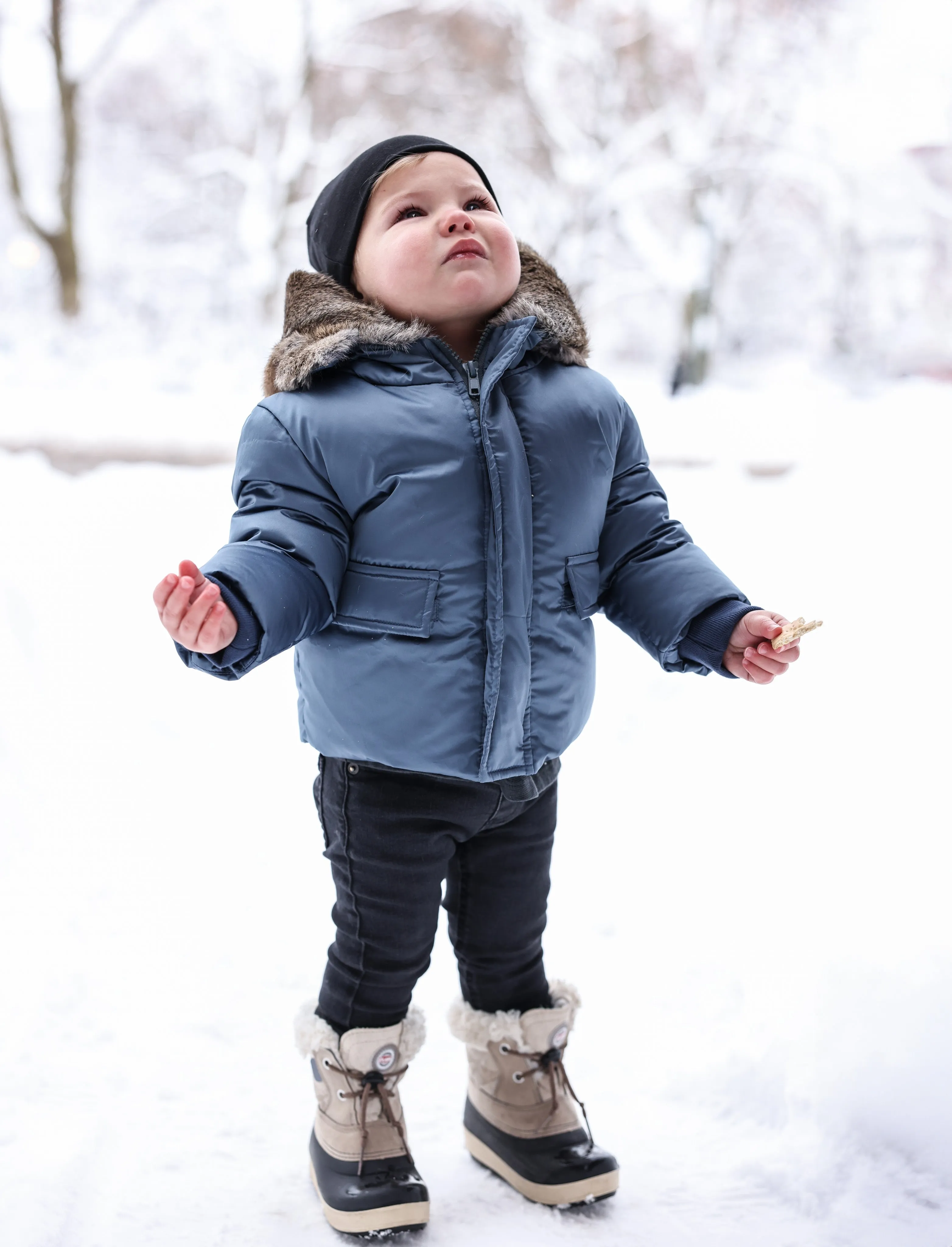 coat down pockets with fur hood - blue