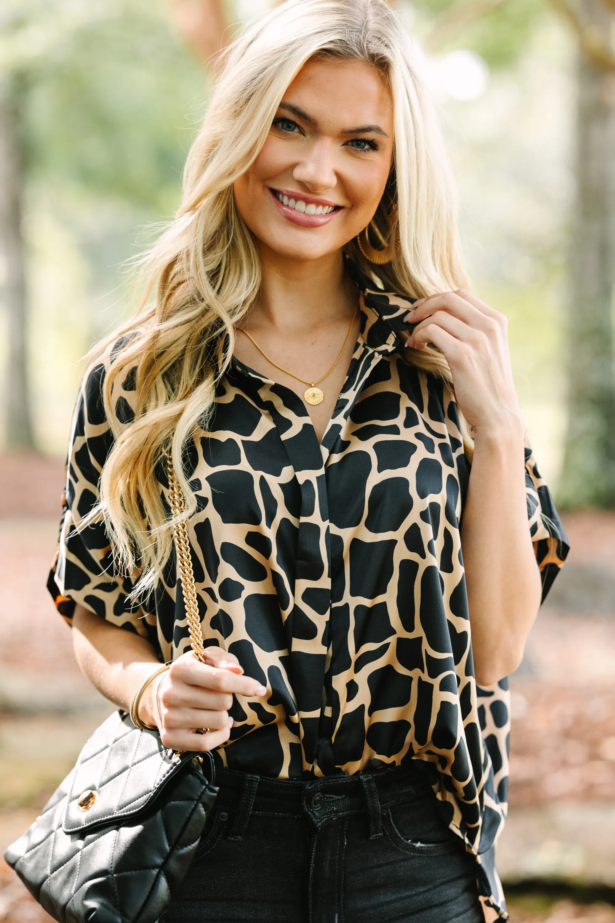 Feeling Your Best Black Giraffe Print Blouse