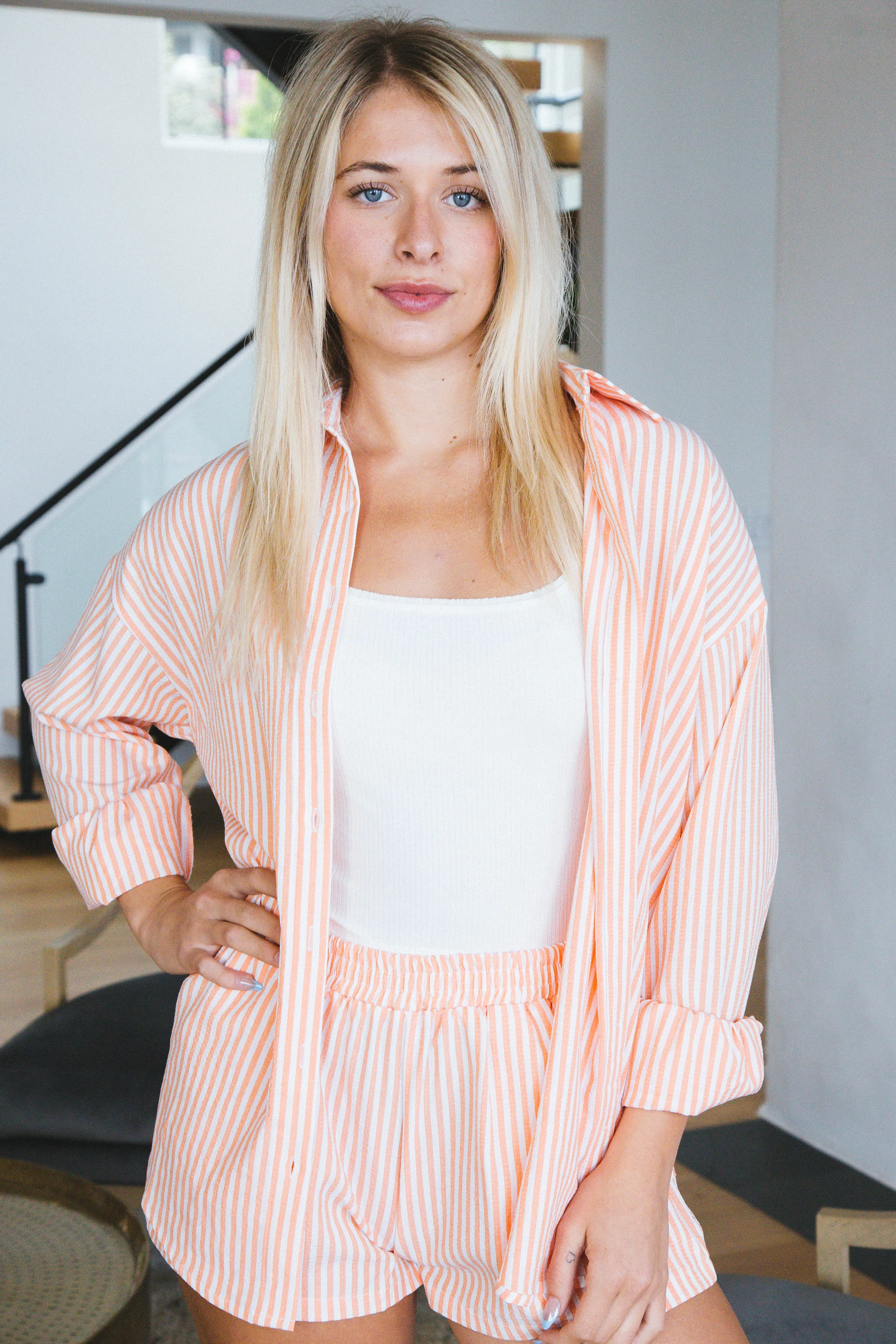 Isla Striped Shorts, Orange/White