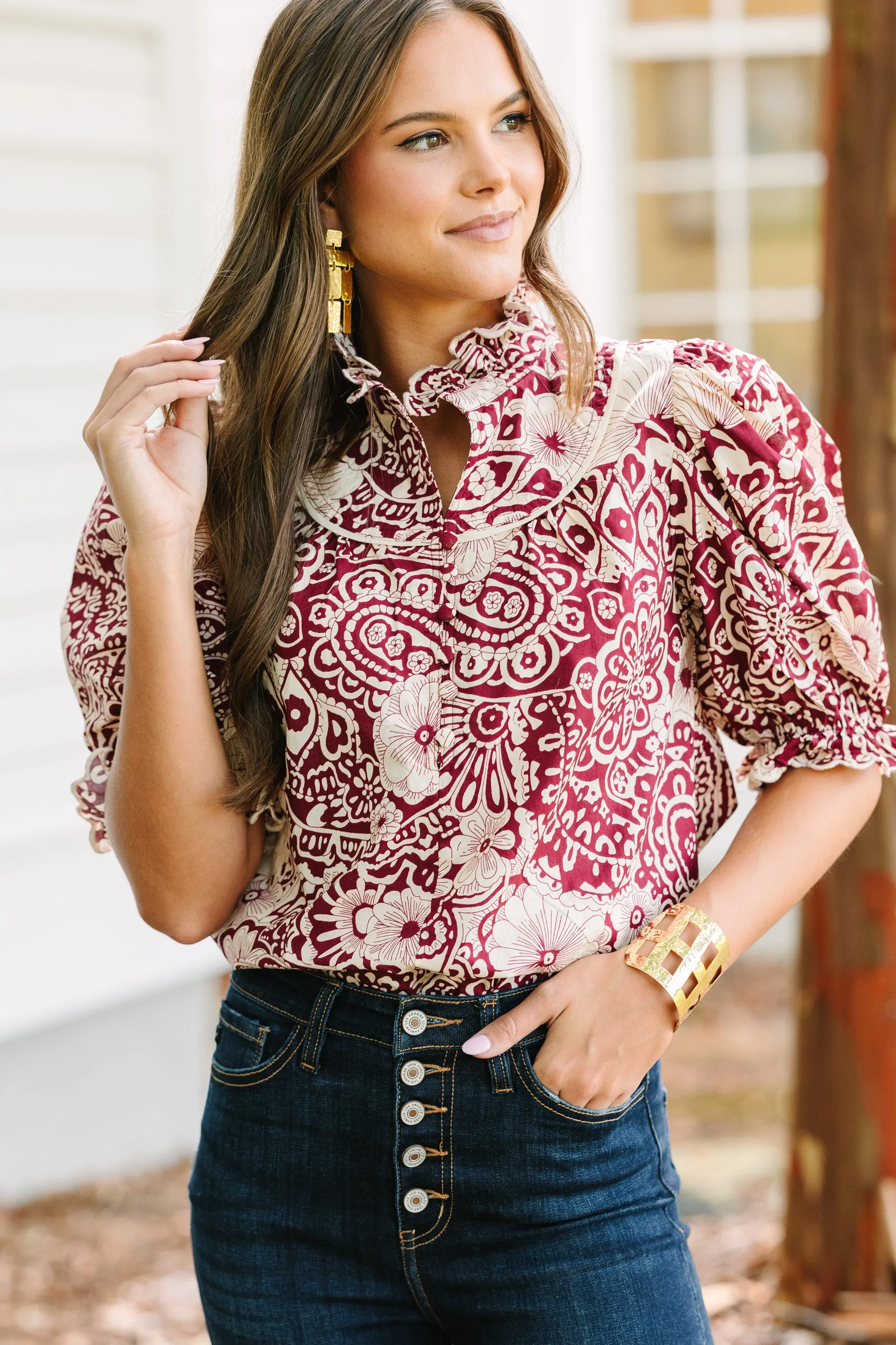 Keep It Up Sangria Red Floral Blouse