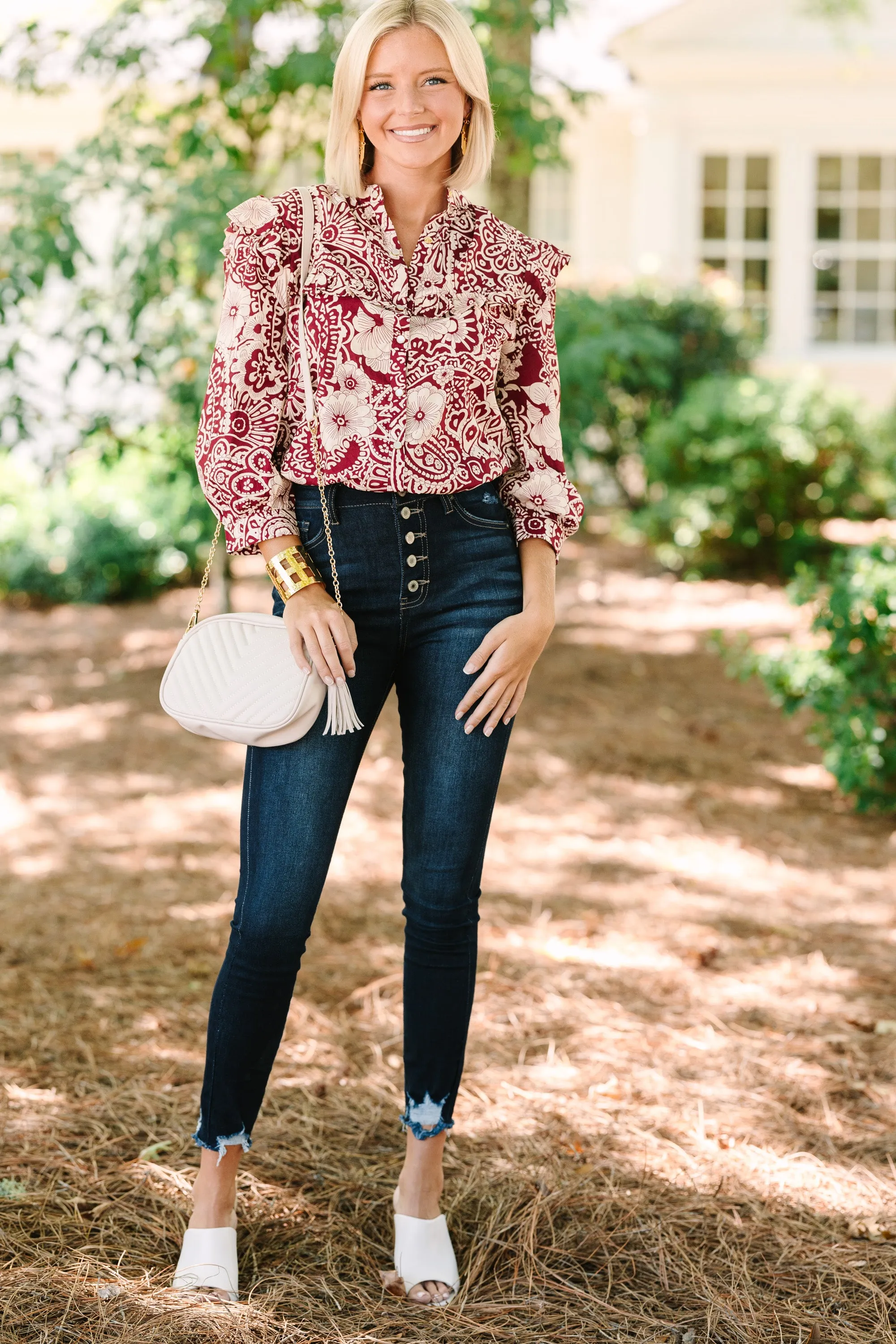 Keep It Up Sangria Red Floral Ruffled Blouse