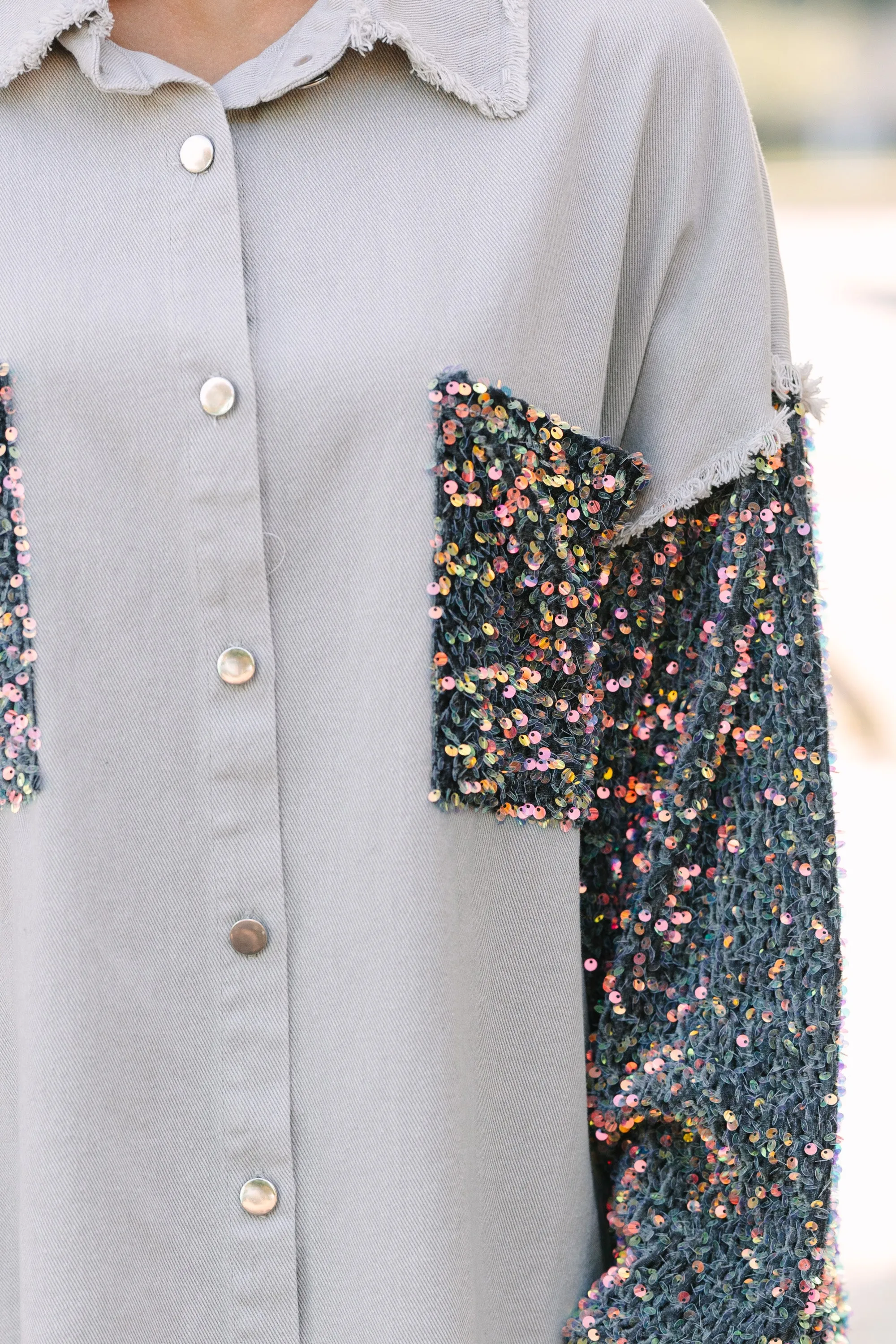 Let's Go Light Gray Sequin Sleeve Shacket