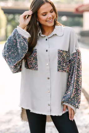 Let's Go Light Gray Sequin Sleeve Shacket