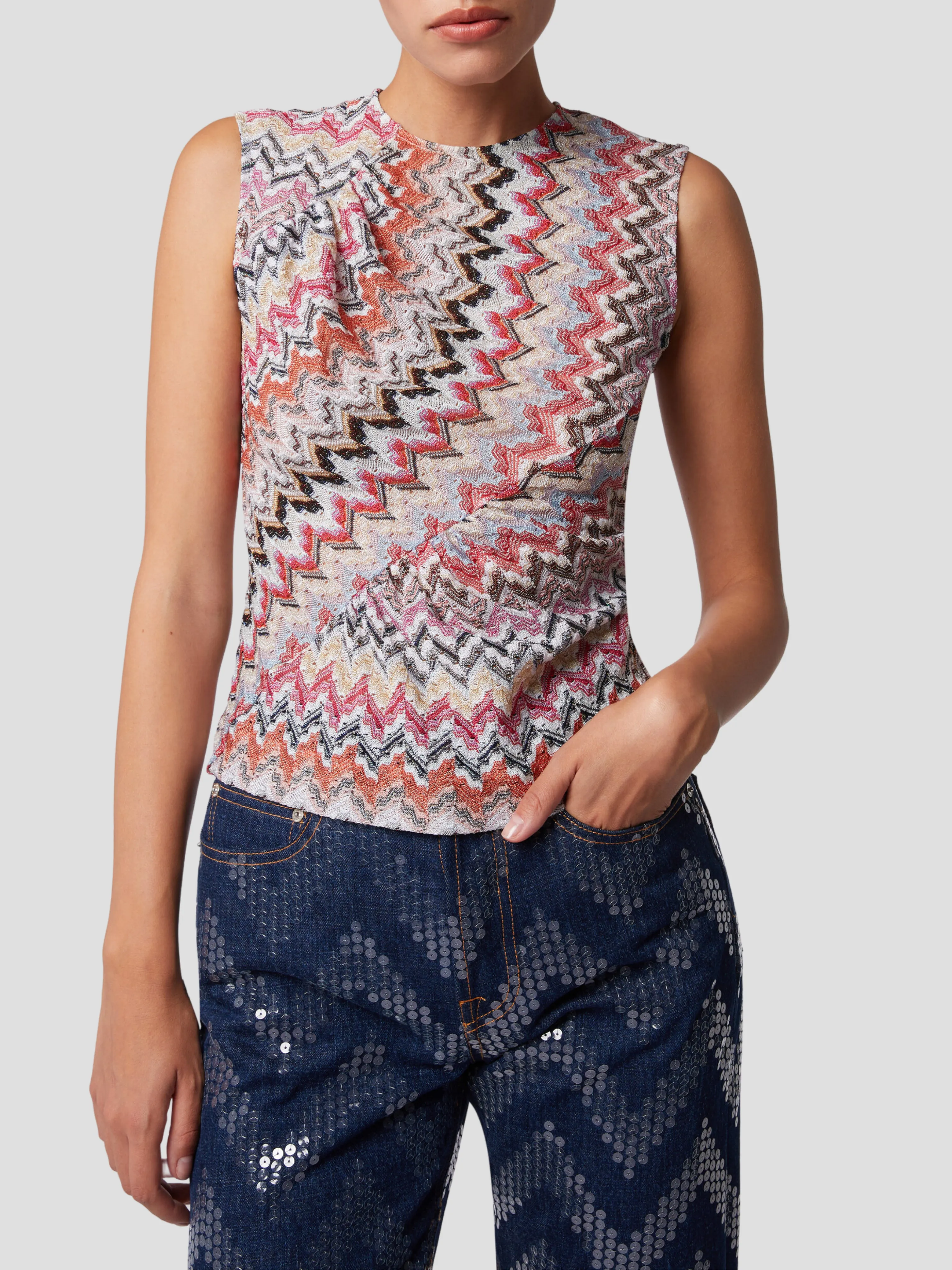 Pink Multi Wavy Sleveless Zig Zag Top