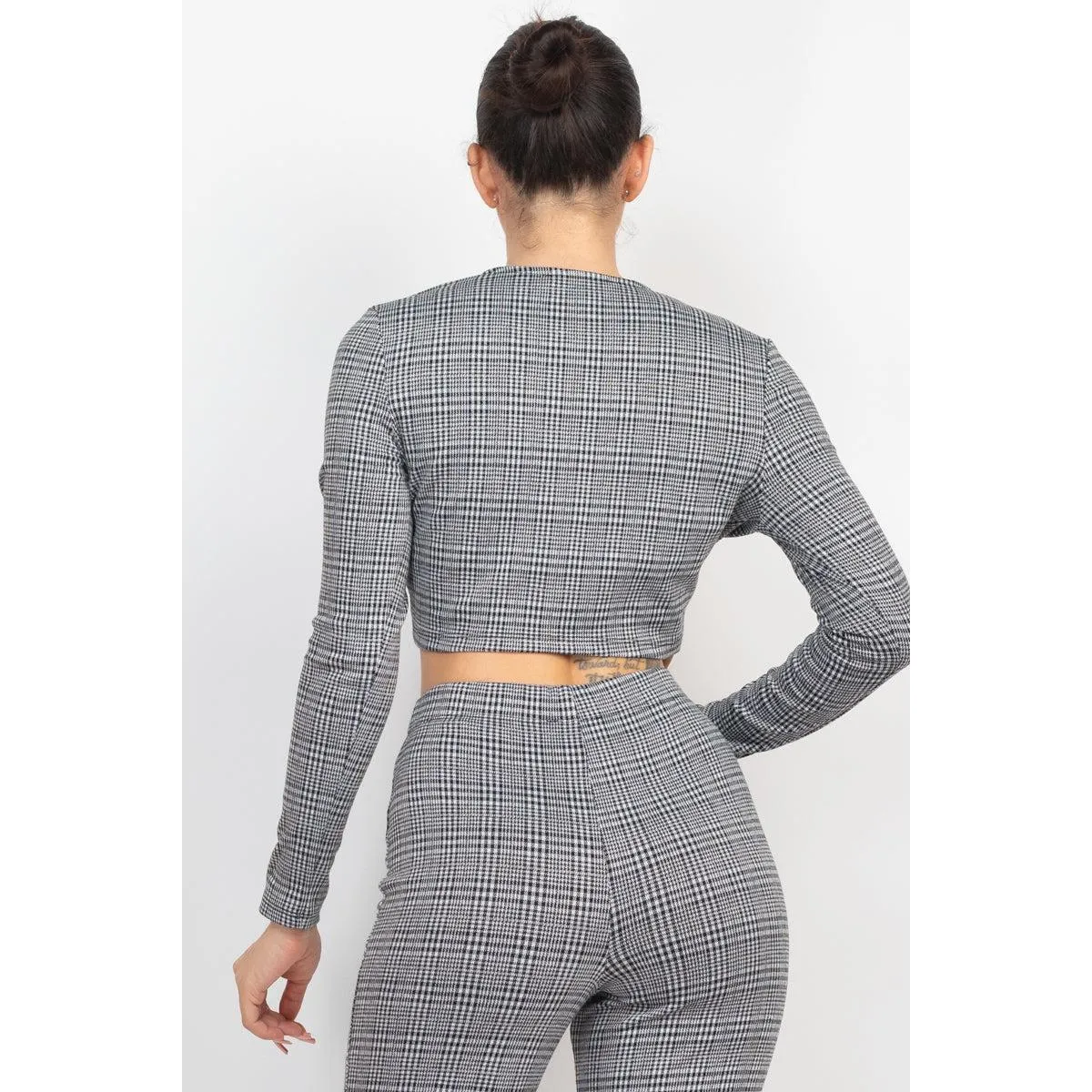 Plaid Cut-out Long Sleeve Top & Pants Set