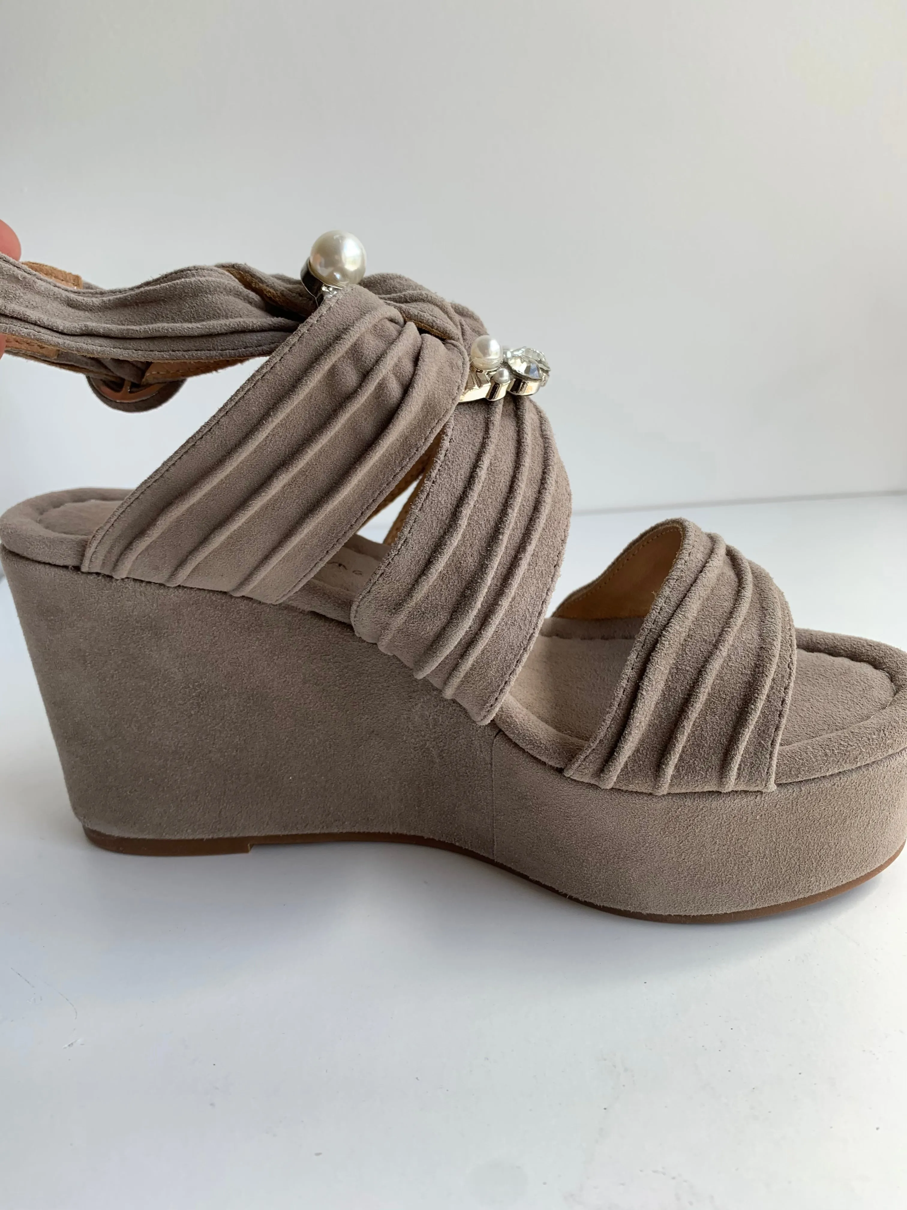 Suede Taupe Jewel Wedge