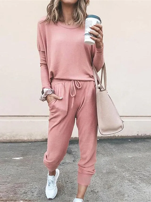 Women's Black and Pink Lounge Set with Long Sleeve Crew Neck Shirt and Elastic Waist Pants