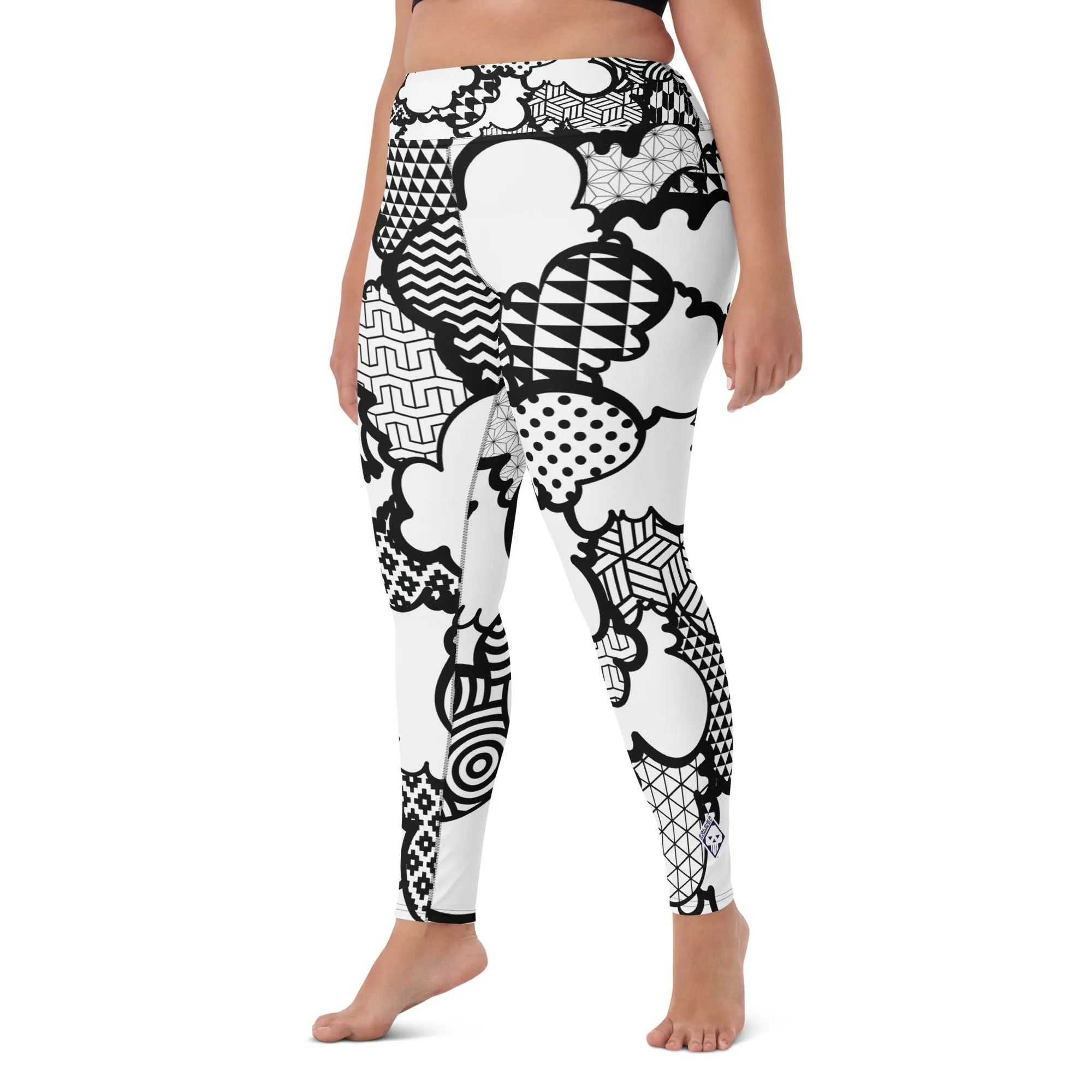 Women's Black and White Graffiti Clouds High Waist Yoga Pants Workout Leggings For Jiu Jitsu 001