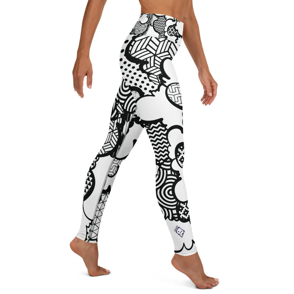 Women's Black and White Graffiti Clouds High Waist Yoga Pants Workout Leggings For Jiu Jitsu 001