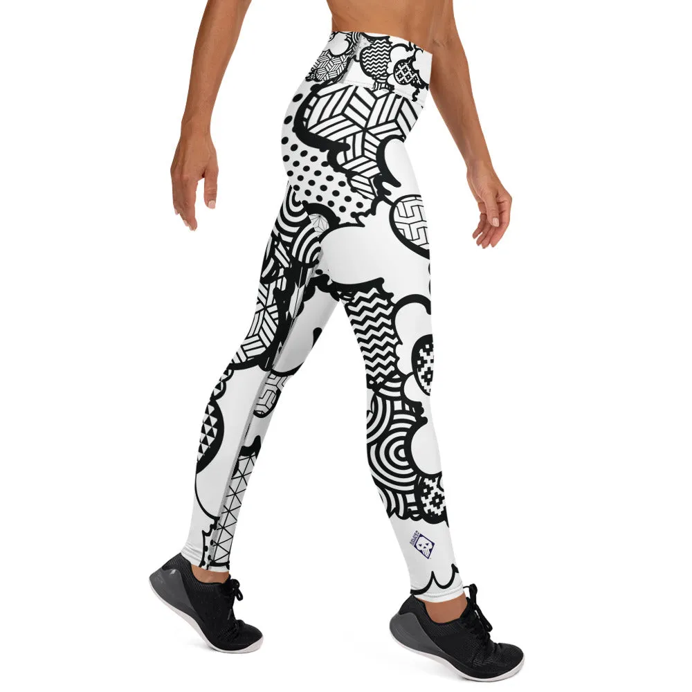 Women's Black and White Graffiti Clouds High Waist Yoga Pants Workout Leggings For Jiu Jitsu 001