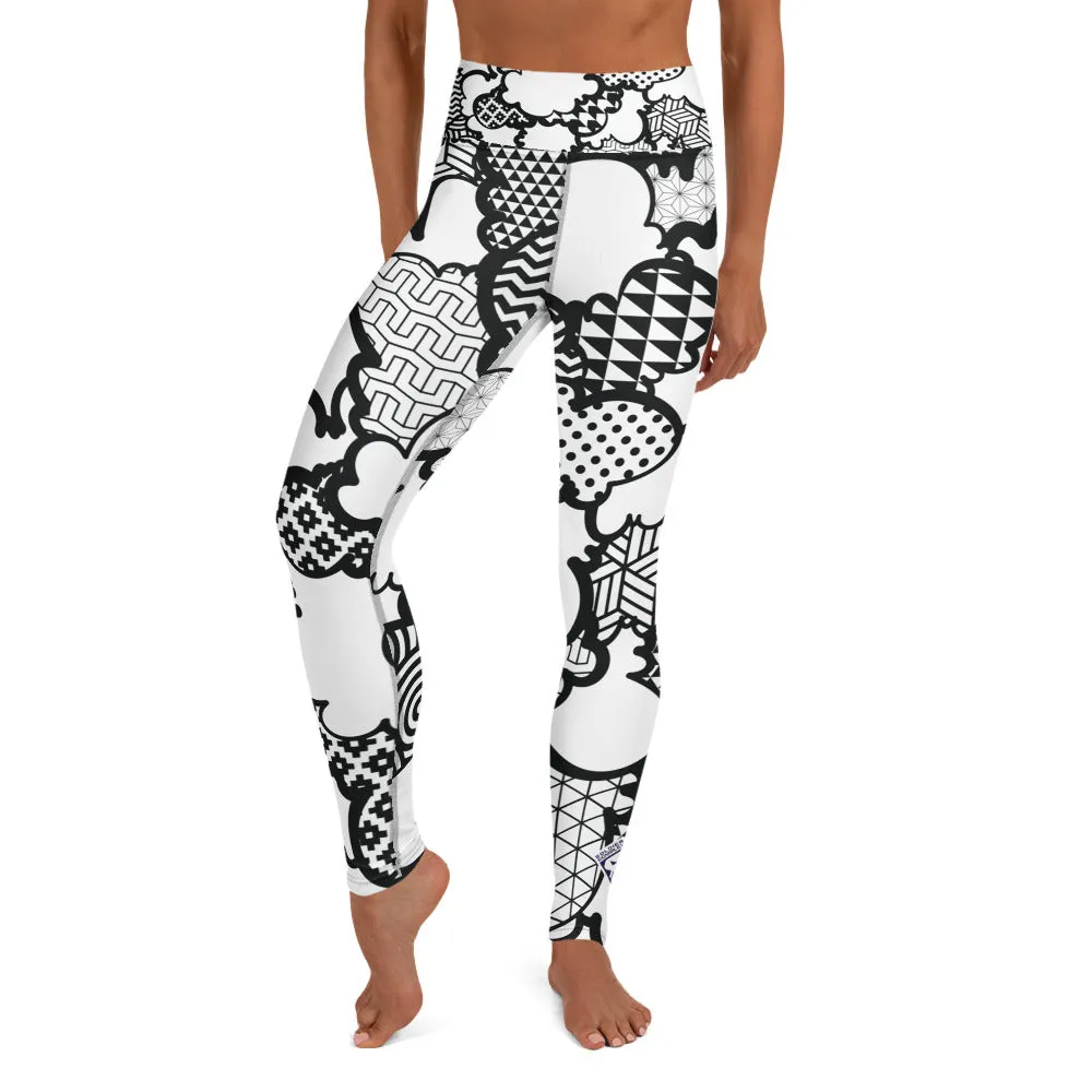 Women's Black and White Graffiti Clouds High Waist Yoga Pants Workout Leggings For Jiu Jitsu 001