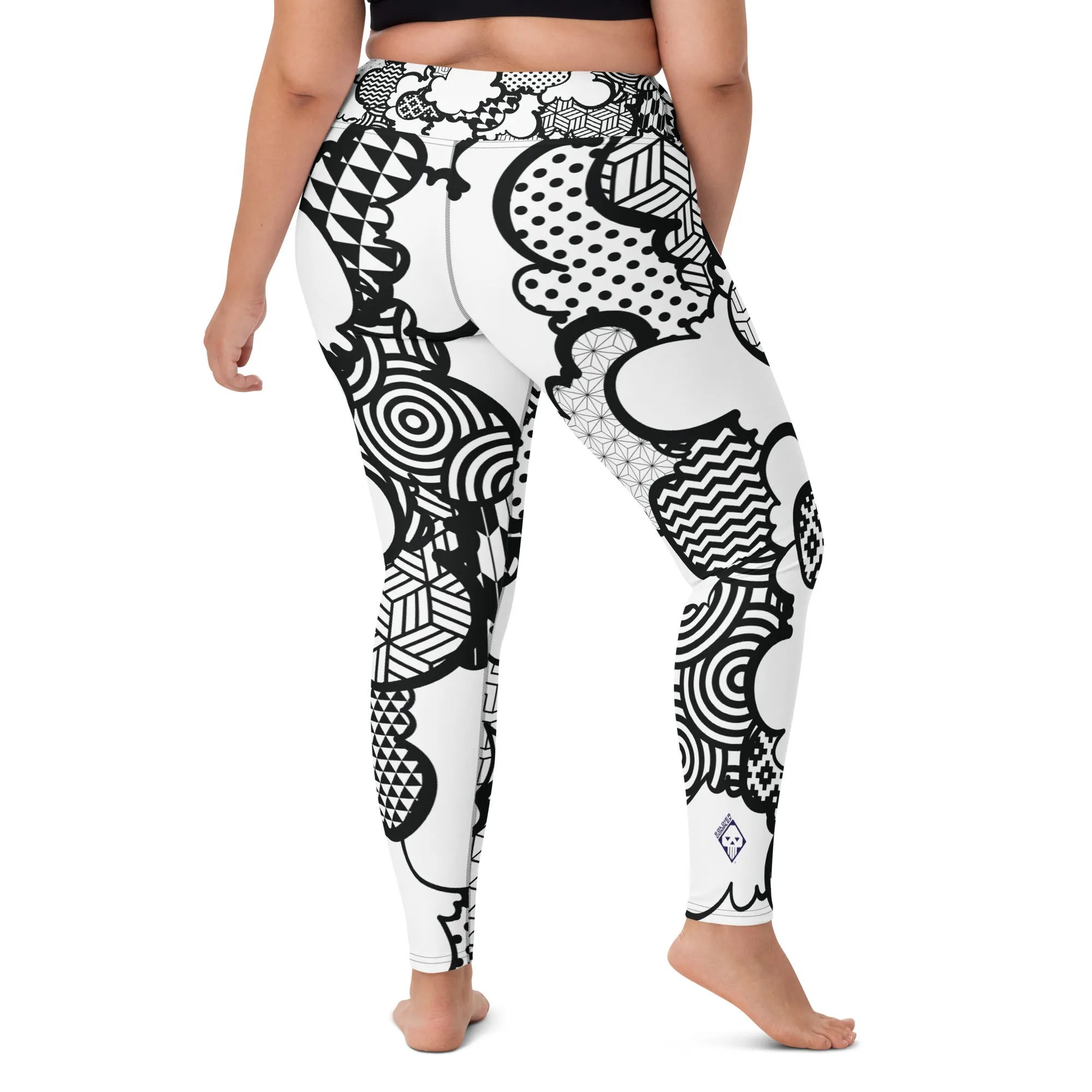 Women's Black and White Graffiti Clouds High Waist Yoga Pants Workout Leggings For Jiu Jitsu 001