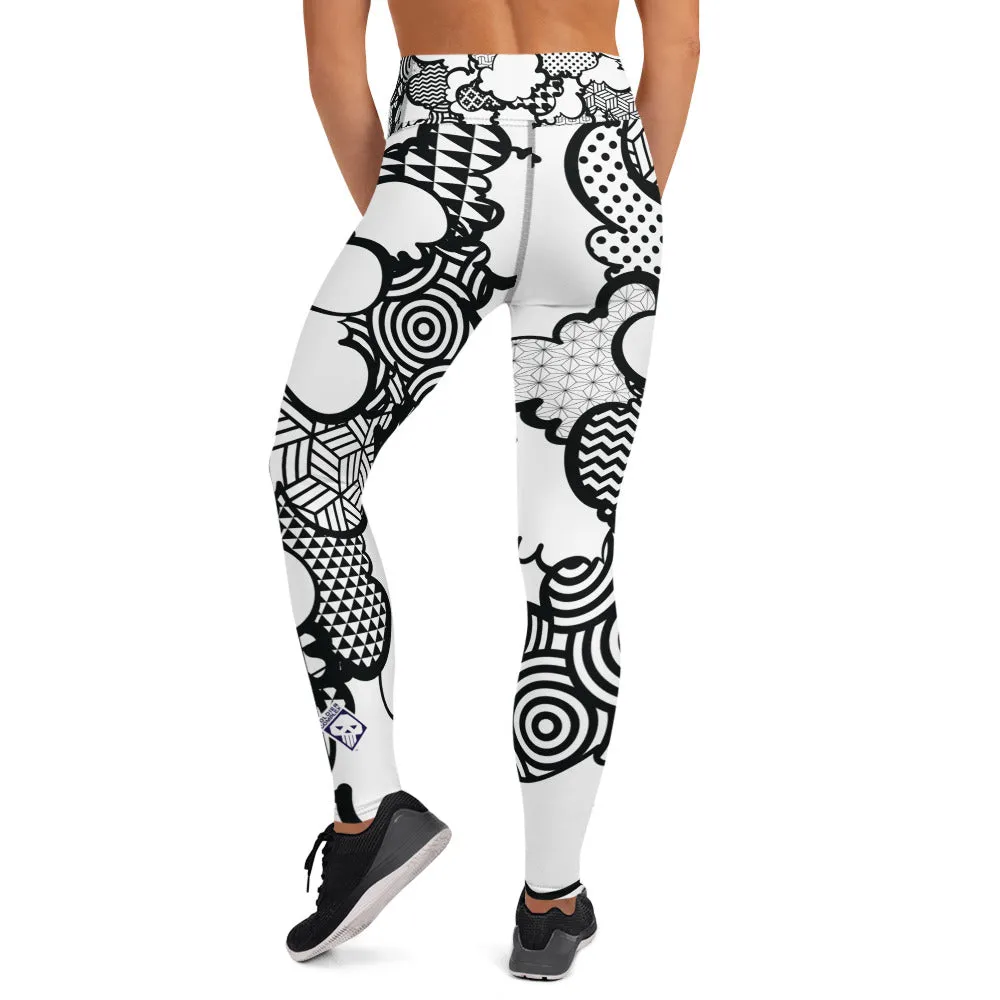 Women's Black and White Graffiti Clouds High Waist Yoga Pants Workout Leggings For Jiu Jitsu 001