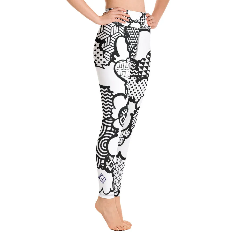 Women's Black and White Graffiti Clouds High Waist Yoga Pants Workout Leggings For Jiu Jitsu 001