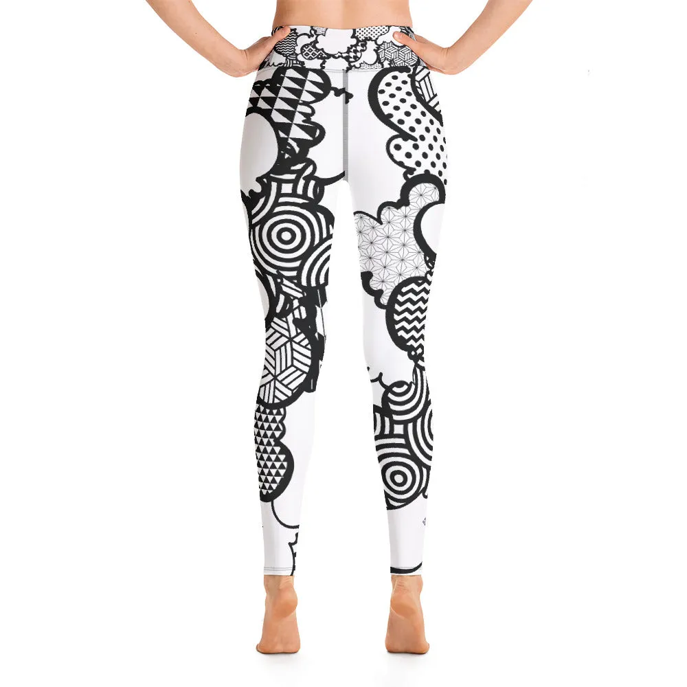 Women's Black and White Graffiti Clouds High Waist Yoga Pants Workout Leggings For Jiu Jitsu 001