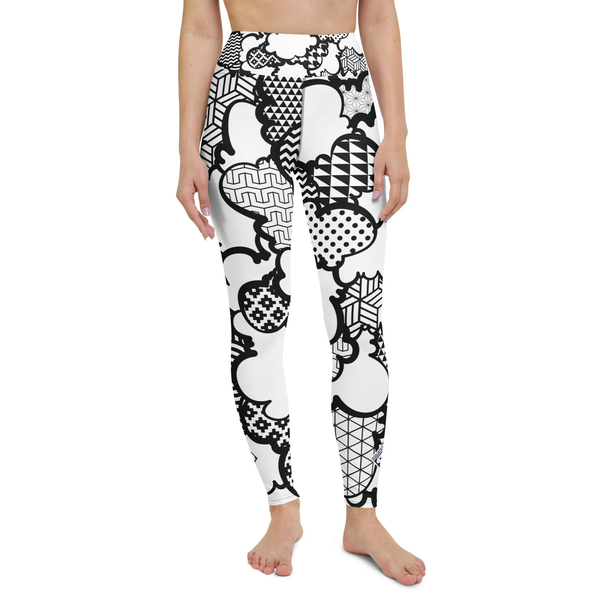 Women's Black and White Graffiti Clouds High Waist Yoga Pants Workout Leggings For Jiu Jitsu 001