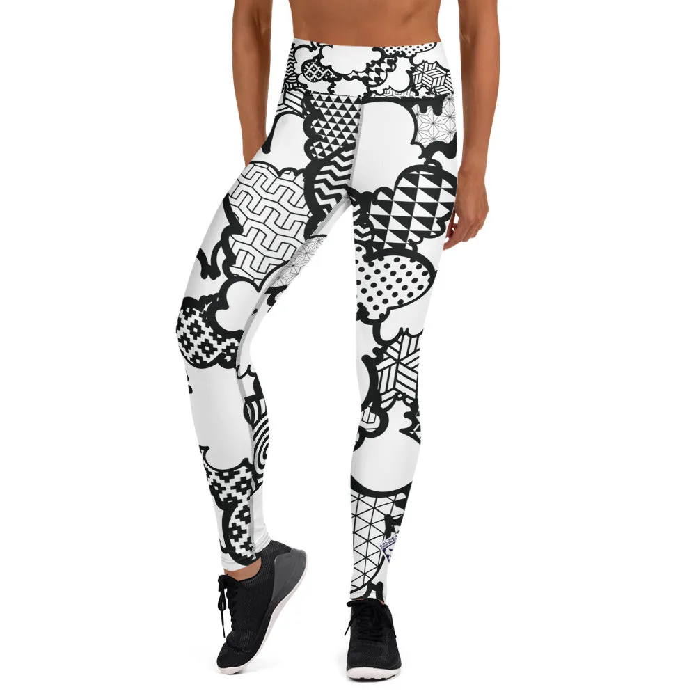 Women's Black and White Graffiti Clouds High Waist Yoga Pants Workout Leggings For Jiu Jitsu 001