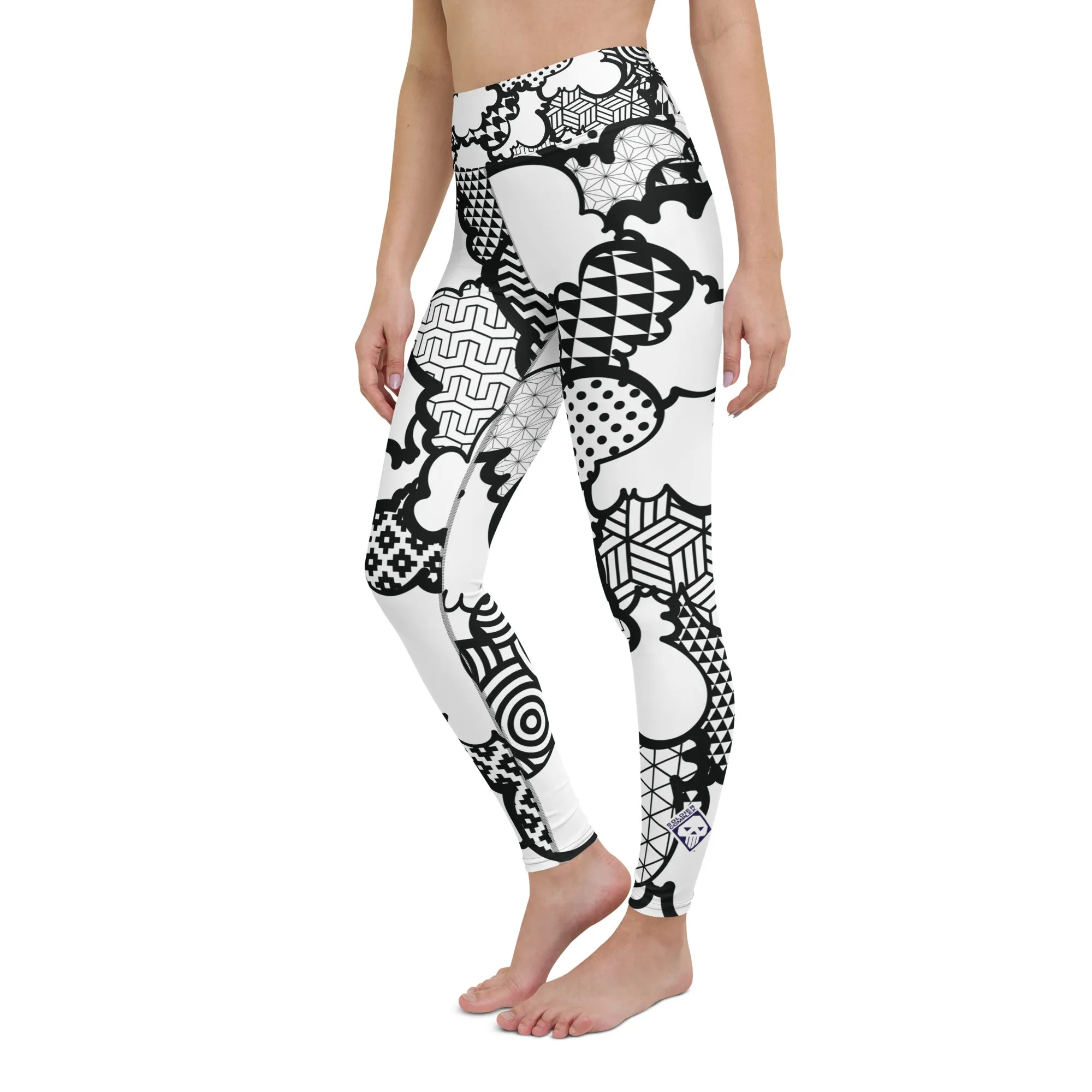 Women's Black and White Graffiti Clouds High Waist Yoga Pants Workout Leggings For Jiu Jitsu 001