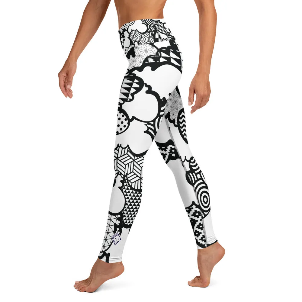 Women's Black and White Graffiti Clouds High Waist Yoga Pants Workout Leggings For Jiu Jitsu 001