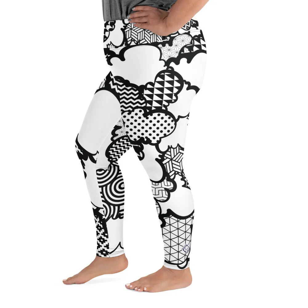 Women's Black and White Graffiti Clouds Plus Size Yoga Pants Workout Leggings For Jiu Jitsu 001