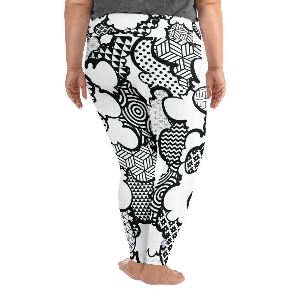 Women's Black and White Graffiti Clouds Plus Size Yoga Pants Workout Leggings For Jiu Jitsu 001