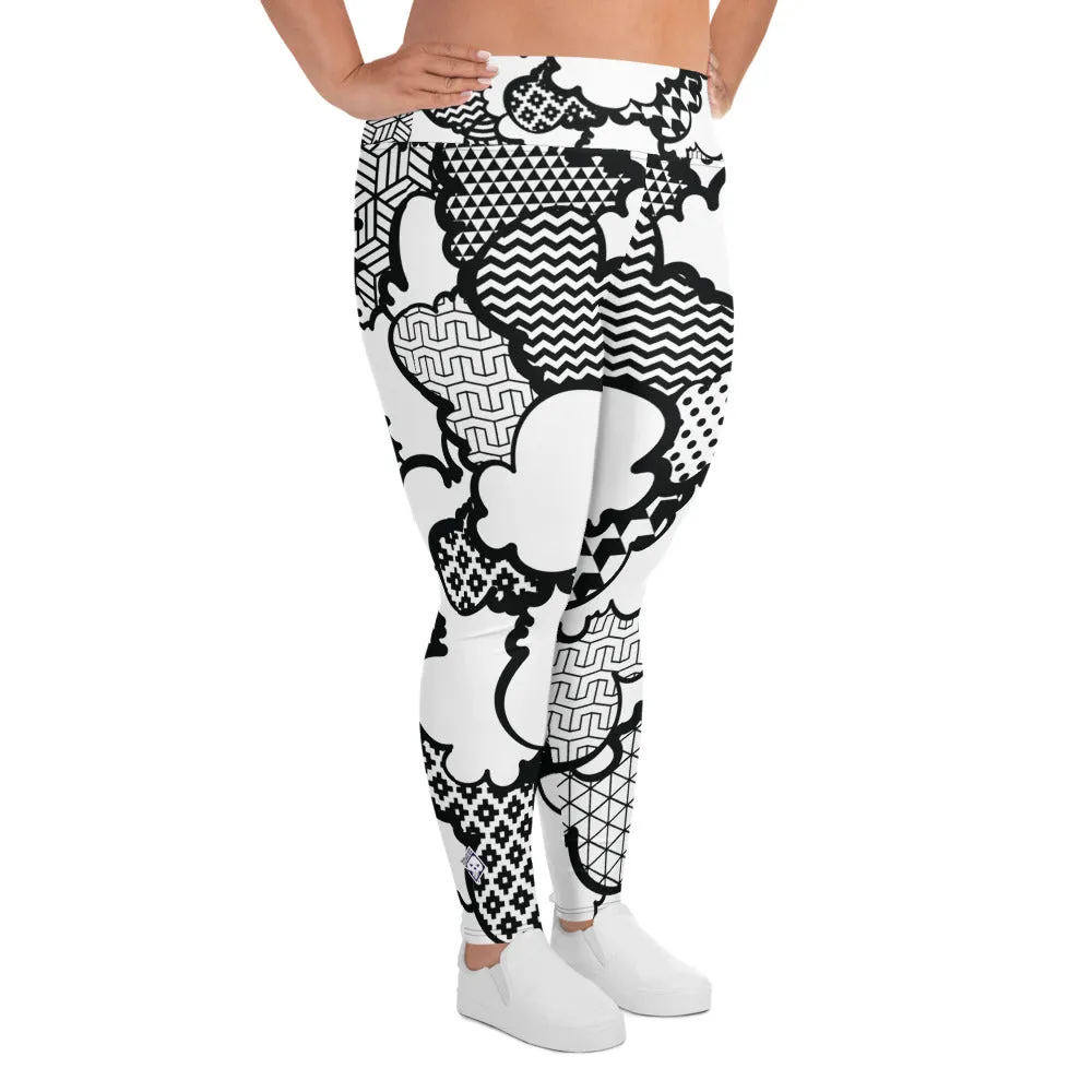 Women's Black and White Graffiti Clouds Plus Size Yoga Pants Workout Leggings For Jiu Jitsu 001