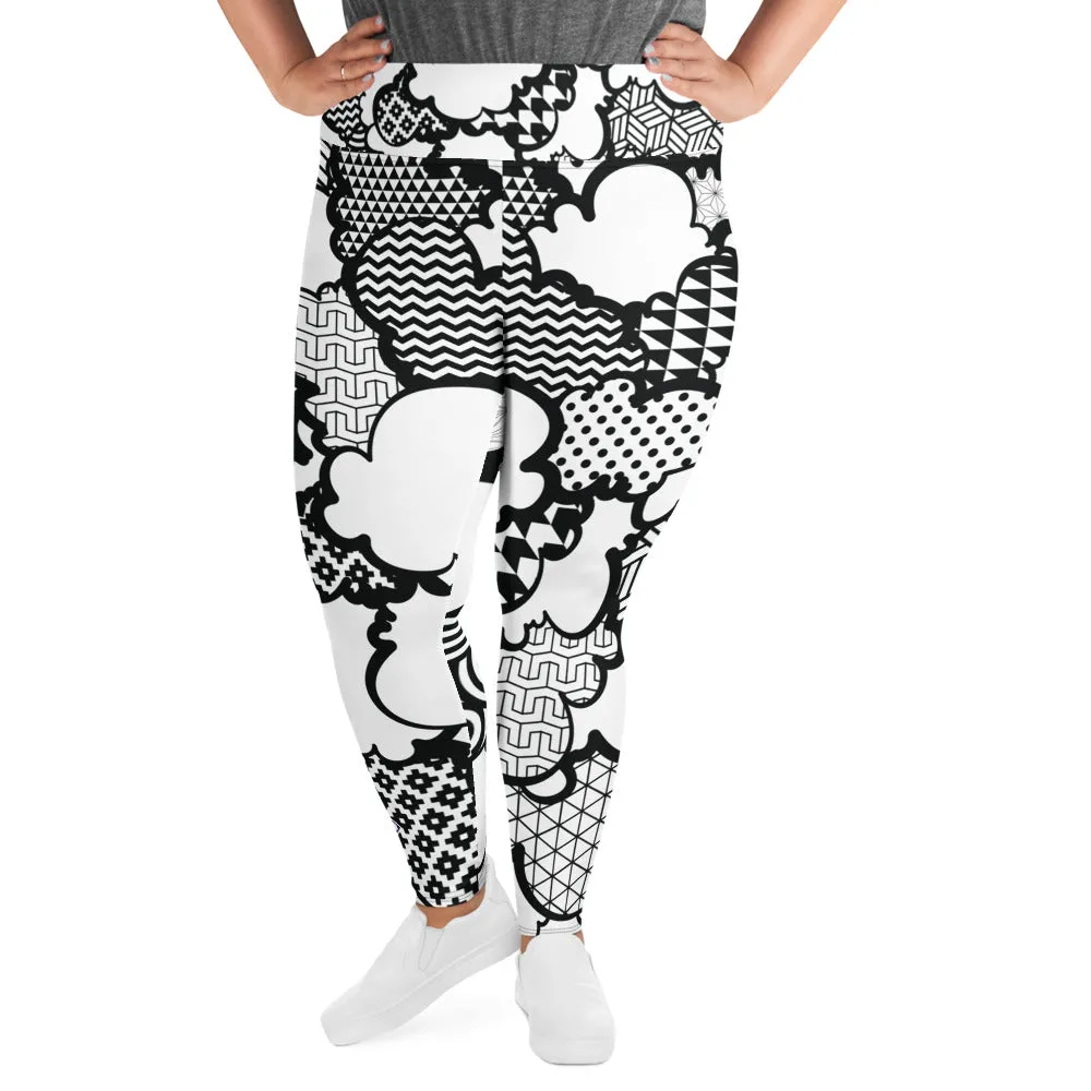 Women's Black and White Graffiti Clouds Plus Size Yoga Pants Workout Leggings For Jiu Jitsu 001