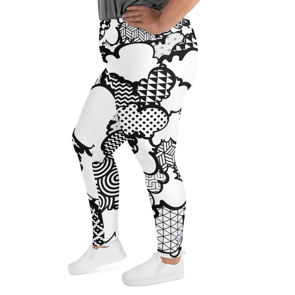 Women's Black and White Graffiti Clouds Plus Size Yoga Pants Workout Leggings For Jiu Jitsu 001