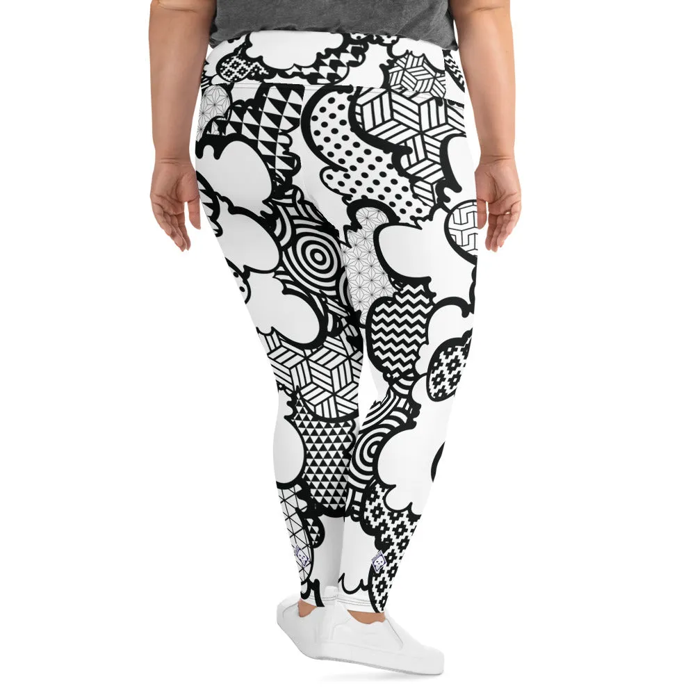 Women's Black and White Graffiti Clouds Plus Size Yoga Pants Workout Leggings For Jiu Jitsu 001