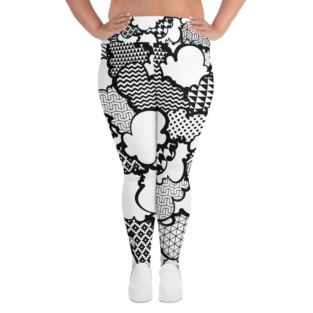 Women's Black and White Graffiti Clouds Plus Size Yoga Pants Workout Leggings For Jiu Jitsu 001