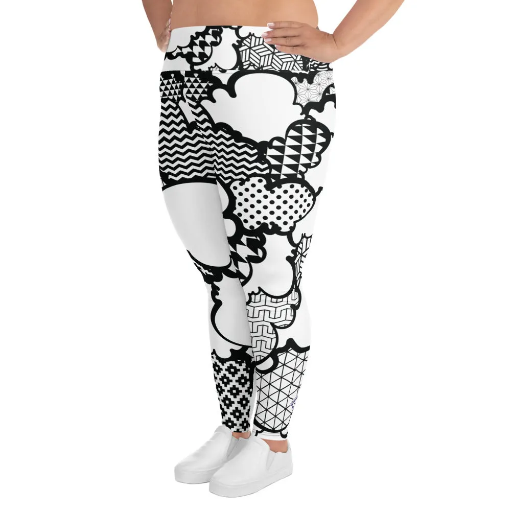 Women's Black and White Graffiti Clouds Plus Size Yoga Pants Workout Leggings For Jiu Jitsu 001