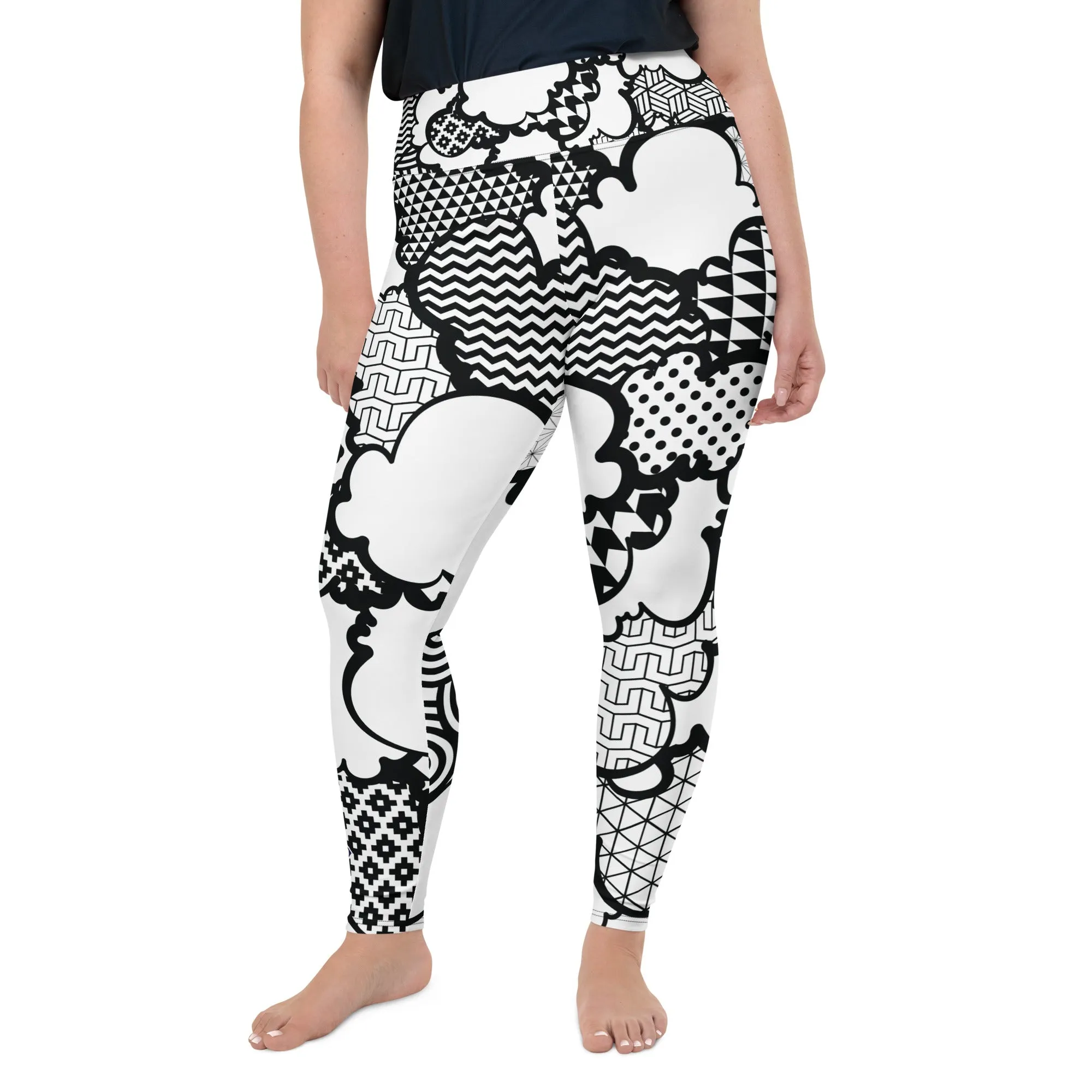 Women's Black and White Graffiti Clouds Plus Size Yoga Pants Workout Leggings For Jiu Jitsu 001