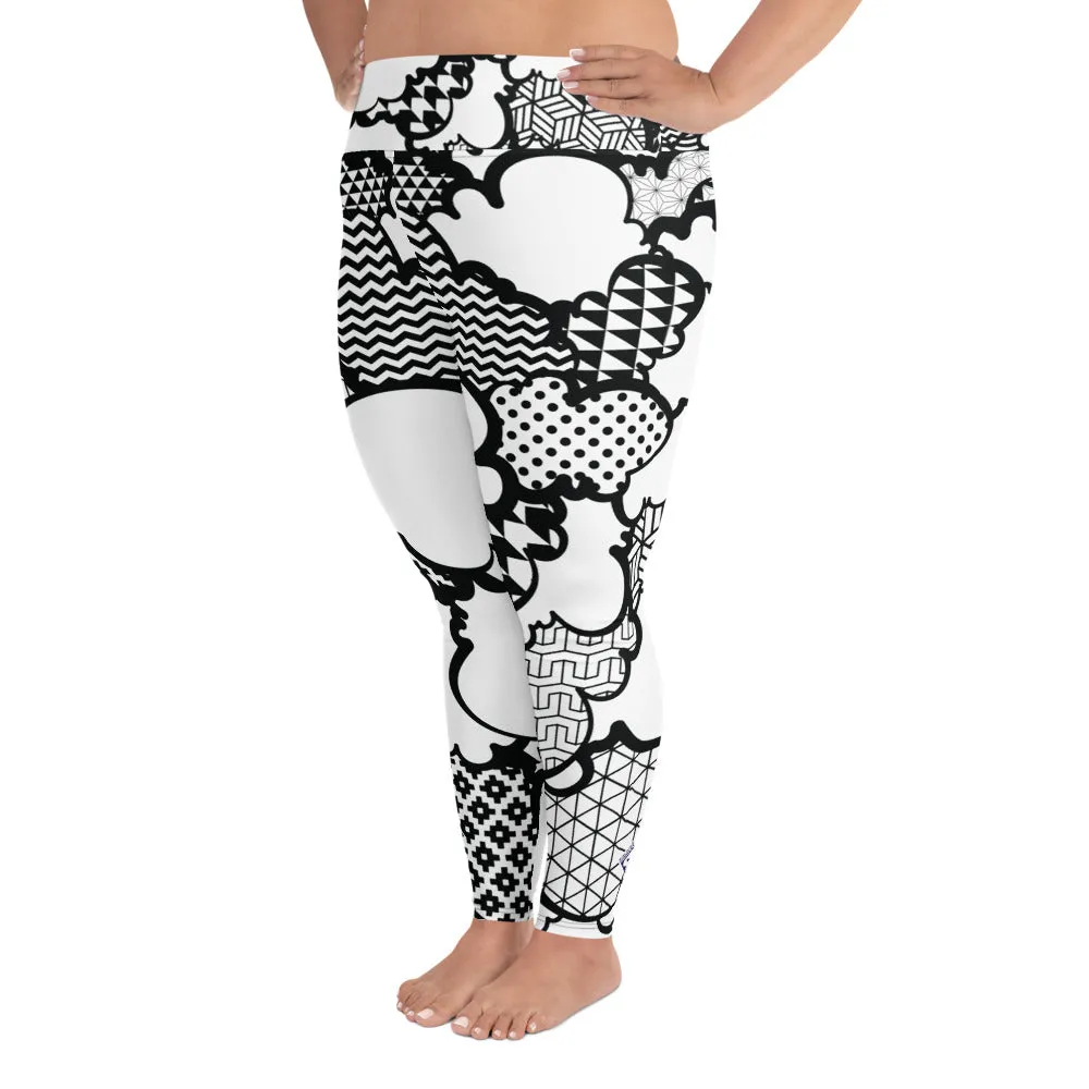 Women's Black and White Graffiti Clouds Plus Size Yoga Pants Workout Leggings For Jiu Jitsu 001