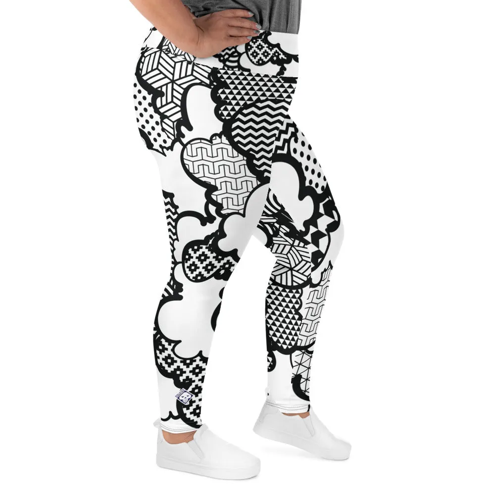 Women's Black and White Graffiti Clouds Plus Size Yoga Pants Workout Leggings For Jiu Jitsu 001