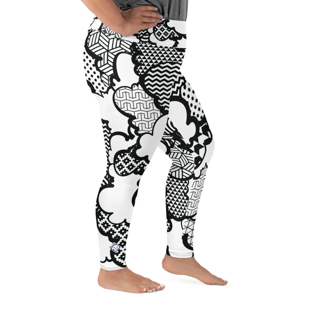 Women's Black and White Graffiti Clouds Plus Size Yoga Pants Workout Leggings For Jiu Jitsu 001