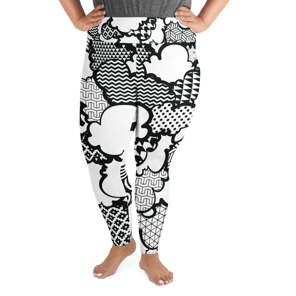 Women's Black and White Graffiti Clouds Plus Size Yoga Pants Workout Leggings For Jiu Jitsu 001