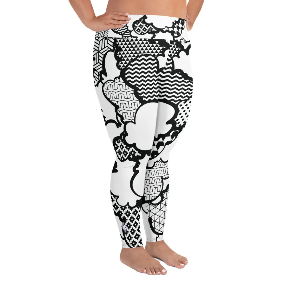 Women's Black and White Graffiti Clouds Plus Size Yoga Pants Workout Leggings For Jiu Jitsu 001