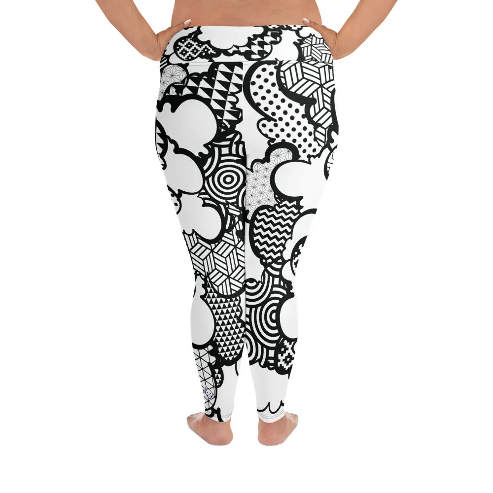 Women's Black and White Graffiti Clouds Plus Size Yoga Pants Workout Leggings For Jiu Jitsu 001