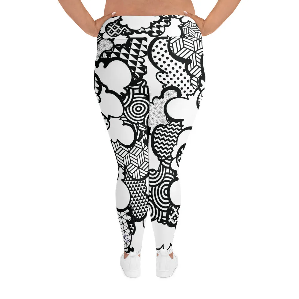 Women's Black and White Graffiti Clouds Plus Size Yoga Pants Workout Leggings For Jiu Jitsu 001