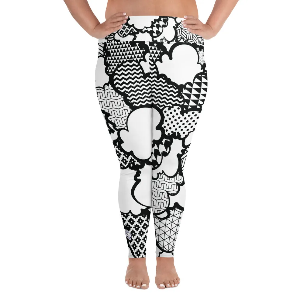 Women's Black and White Graffiti Clouds Plus Size Yoga Pants Workout Leggings For Jiu Jitsu 001